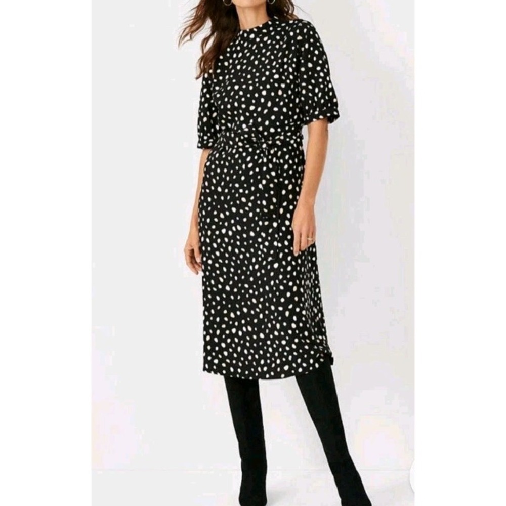 Ann Taylor Spotted Mock Neck Midi Dress Black Sz 4‎